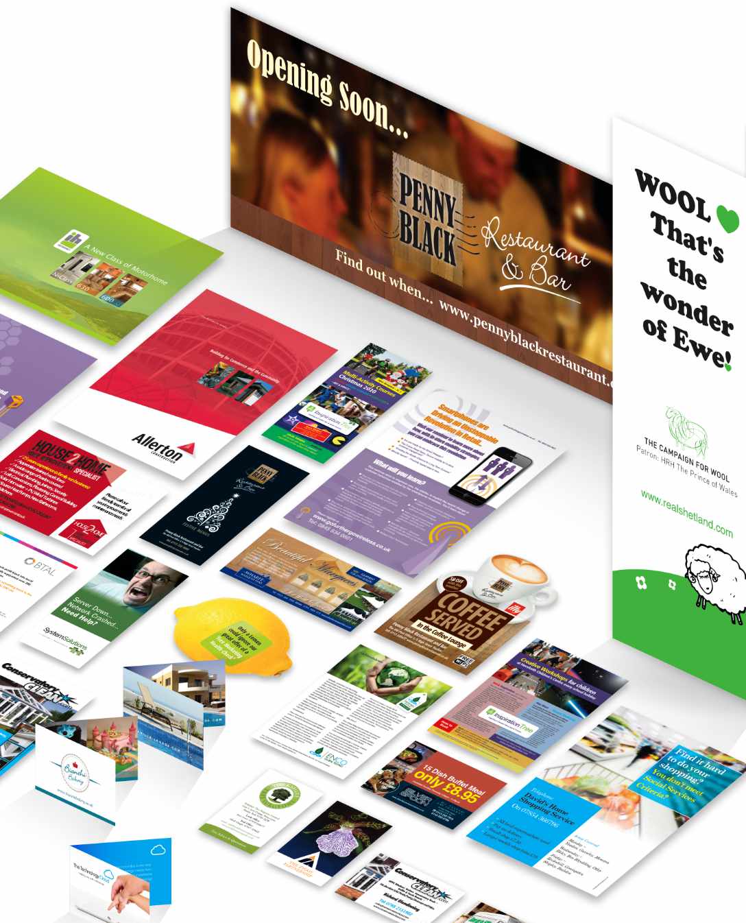 printing samples including business cards, leaflets, booklets, brochures signs and banners